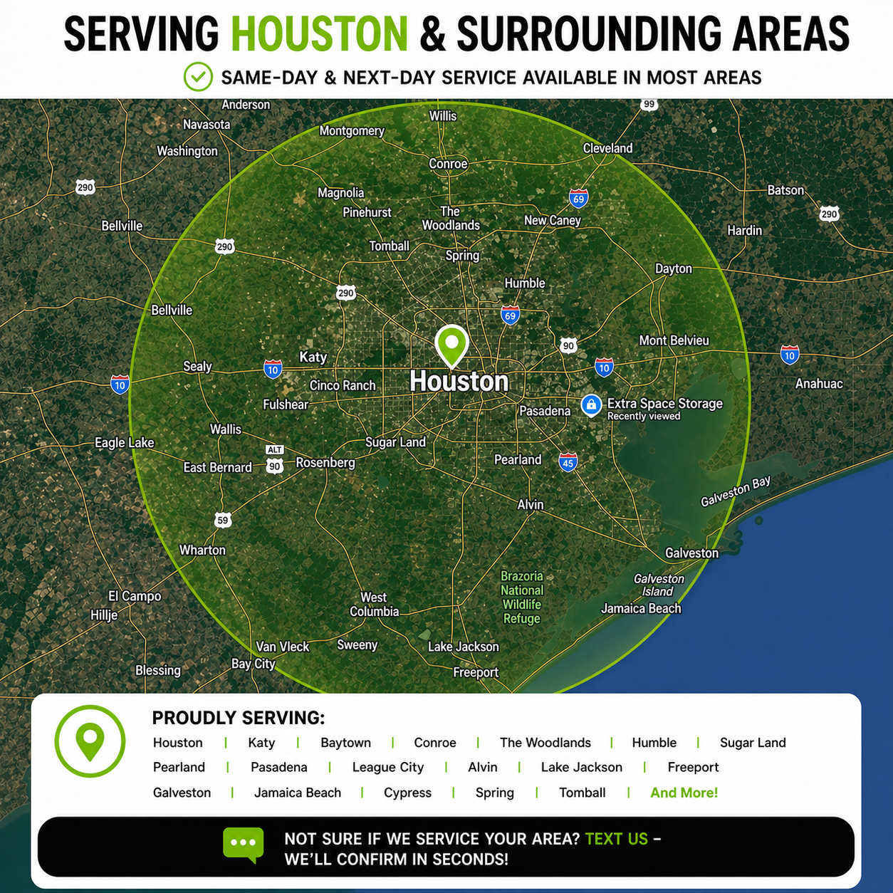 Houston Texas junk removal service area including Katy, Baytown, Lake Jackson, Freeport, and Galveston